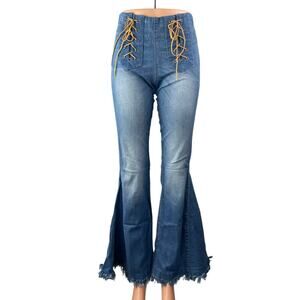 Judith March Women's Blue Lace Up High Rise Flare Bell Bottom Denim Jeans Size S